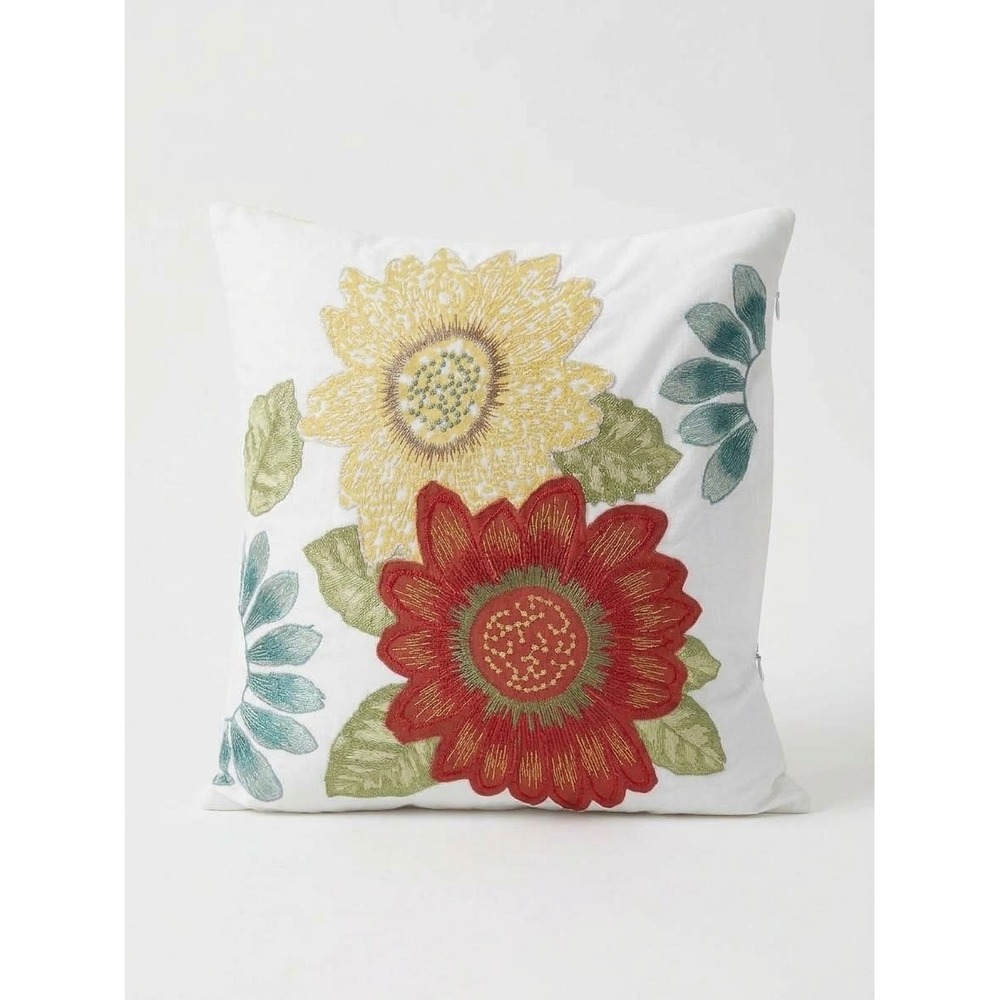 Pier 1 Imports Floral Embroidered Accent Pillow 20x20 Sunflower Daisy Cotton